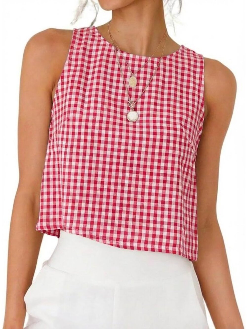 Women's Wine 100% Cotton Crew Neck Spring Summer Sleeveless Gingham Tank Tops